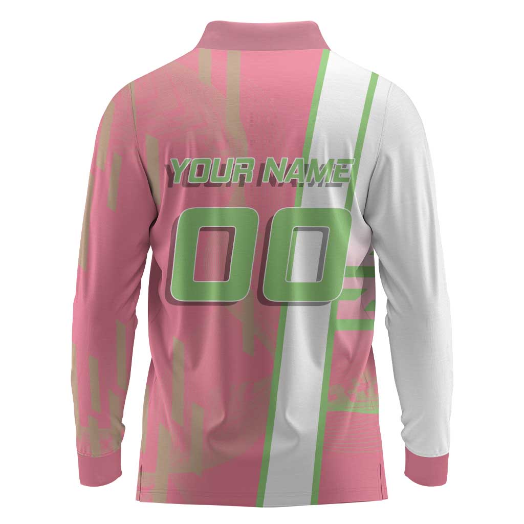 Personalized Mitsuri Kanroji Demon Slayer Badminton Long Sleeve Polo Shirt with Racket Action Pose and Pink Green Graphic Design - The Mazicc