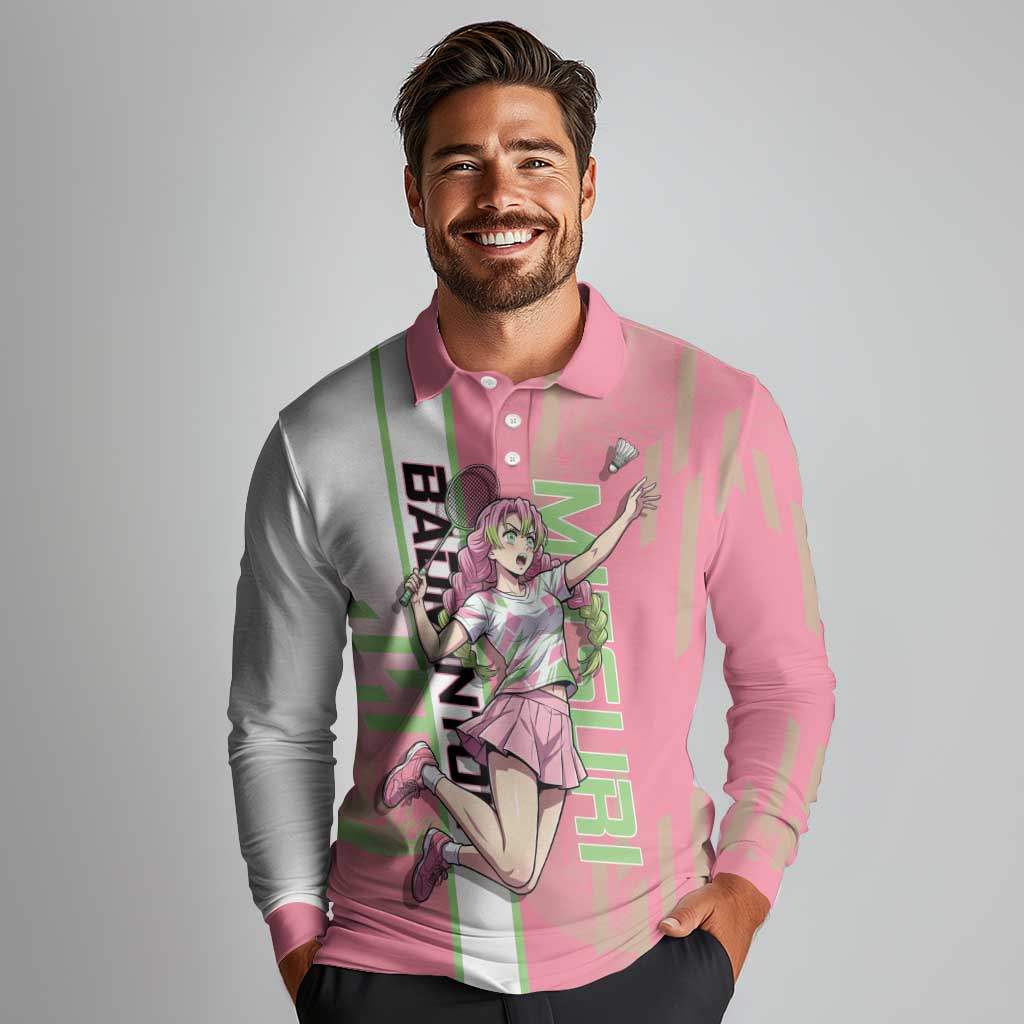 Personalized Mitsuri Kanroji Demon Slayer Badminton Long Sleeve Polo Shirt with Racket Action Pose and Pink Green Graphic Design - The Mazicc