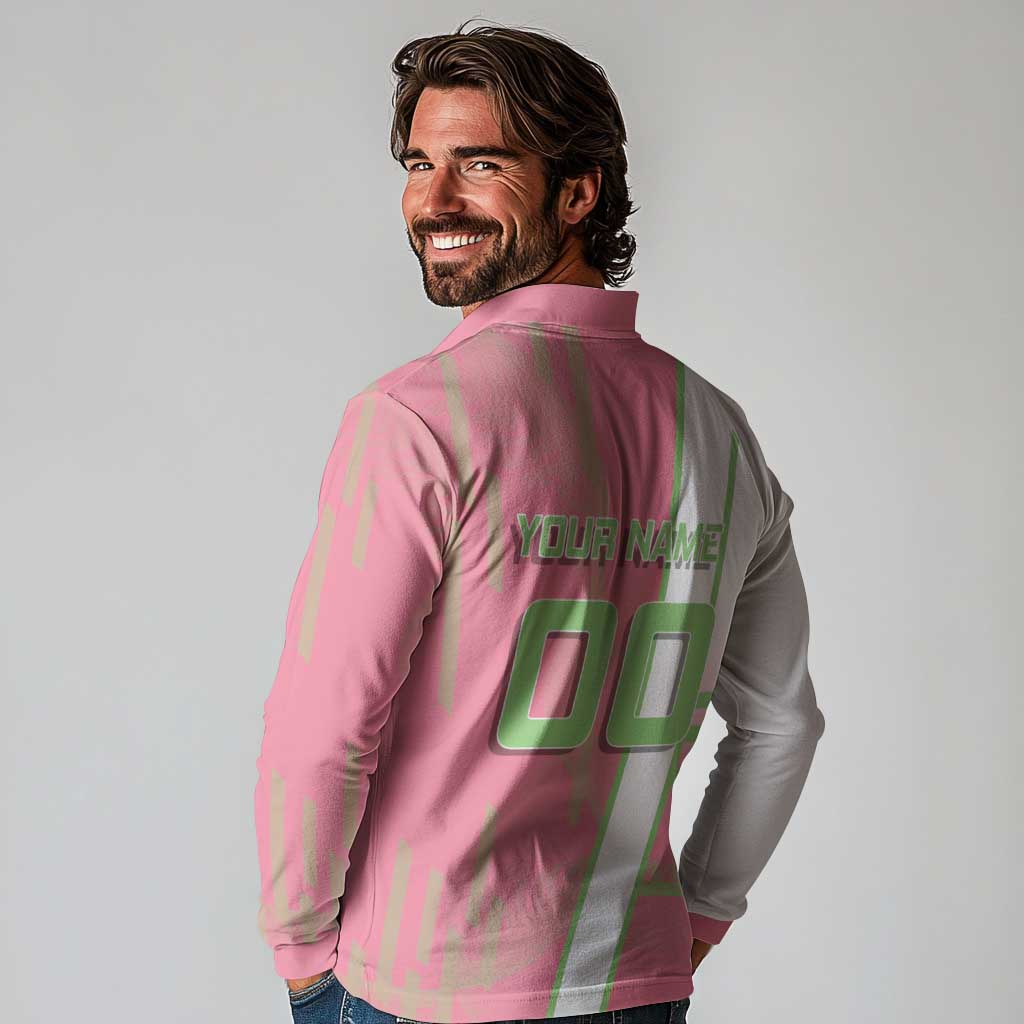 Personalized Mitsuri Kanroji Demon Slayer Badminton Long Sleeve Polo Shirt with Racket Action Pose and Pink Green Graphic Design - The Mazicc