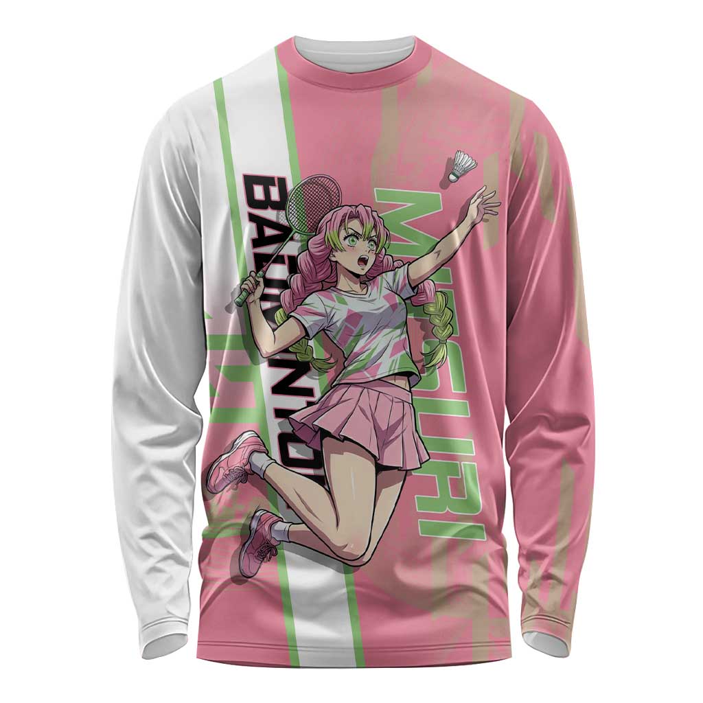Personalized Mitsuri Kanroji Demon Slayer Badminton Long Sleeve Shirt with Racket Action Pose and Pink Green Graphic Design - The Mazicc