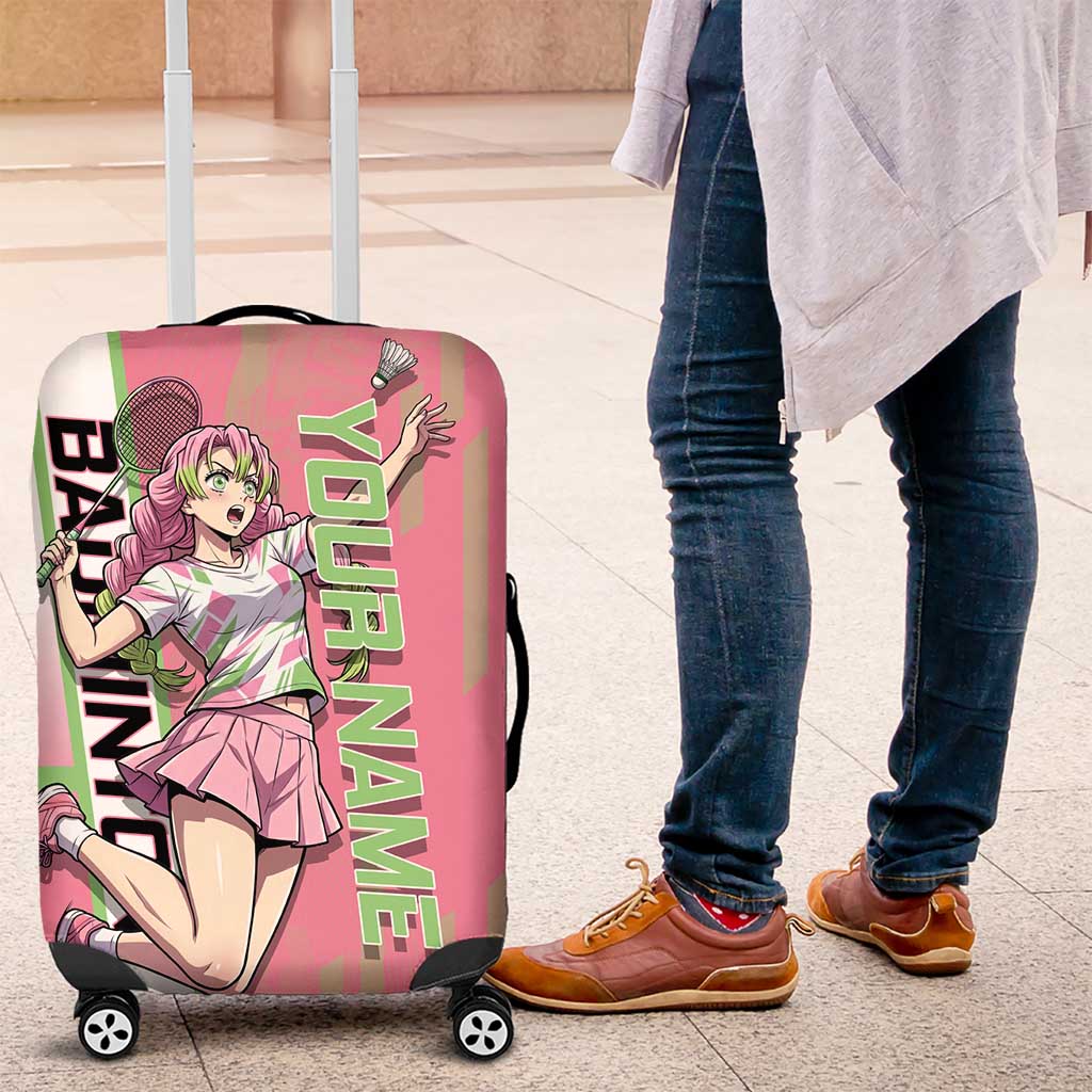 Personalized Mitsuri Kanroji Demon Slayer Badminton Luggage Cover with Racket Action Pose and Pink Green Graphic Design - The Mazicc