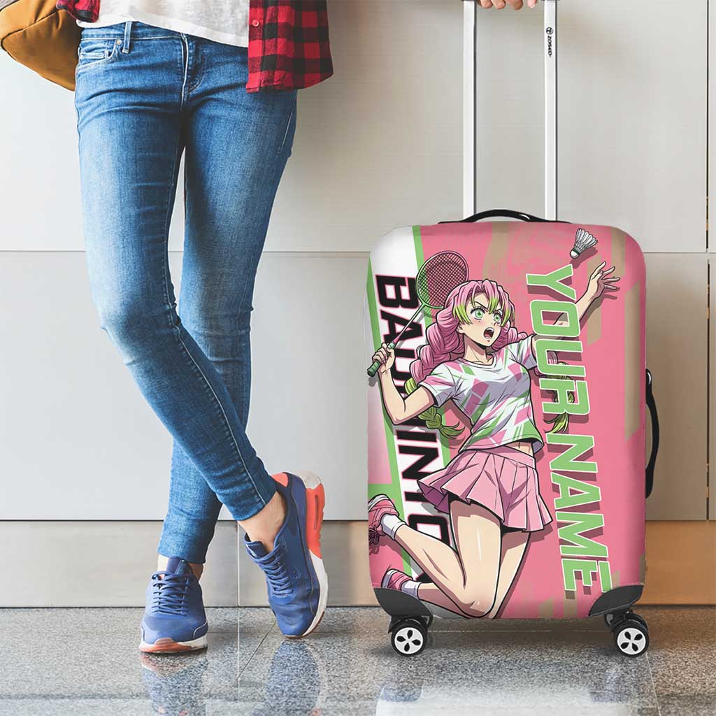 Personalized Mitsuri Kanroji Demon Slayer Badminton Luggage Cover with Racket Action Pose and Pink Green Graphic Design - The Mazicc