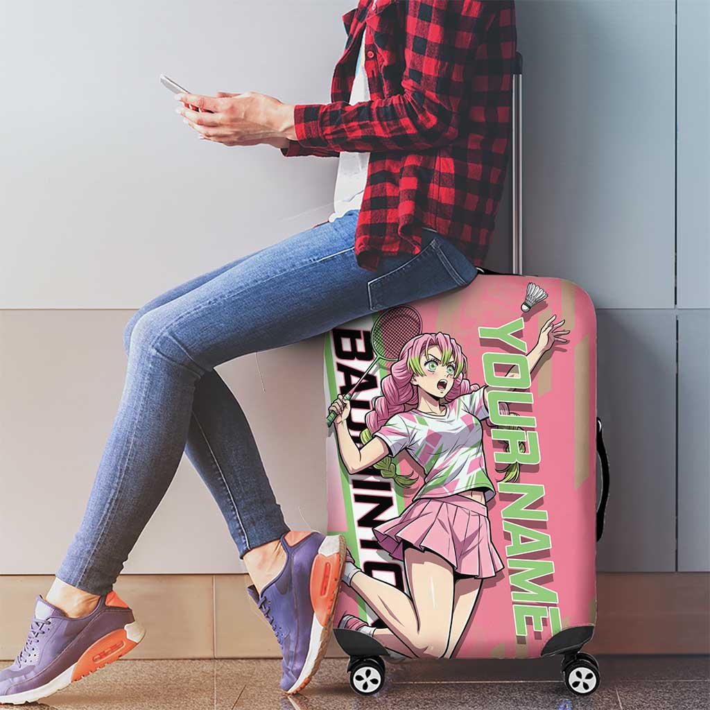 Personalized Mitsuri Kanroji Demon Slayer Badminton Luggage Cover with Racket Action Pose and Pink Green Graphic Design - The Mazicc