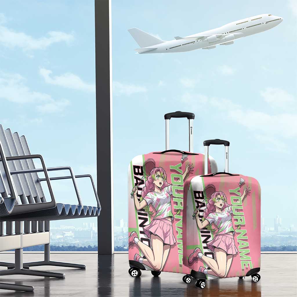 Personalized Mitsuri Kanroji Demon Slayer Badminton Luggage Cover with Racket Action Pose and Pink Green Graphic Design - The Mazicc