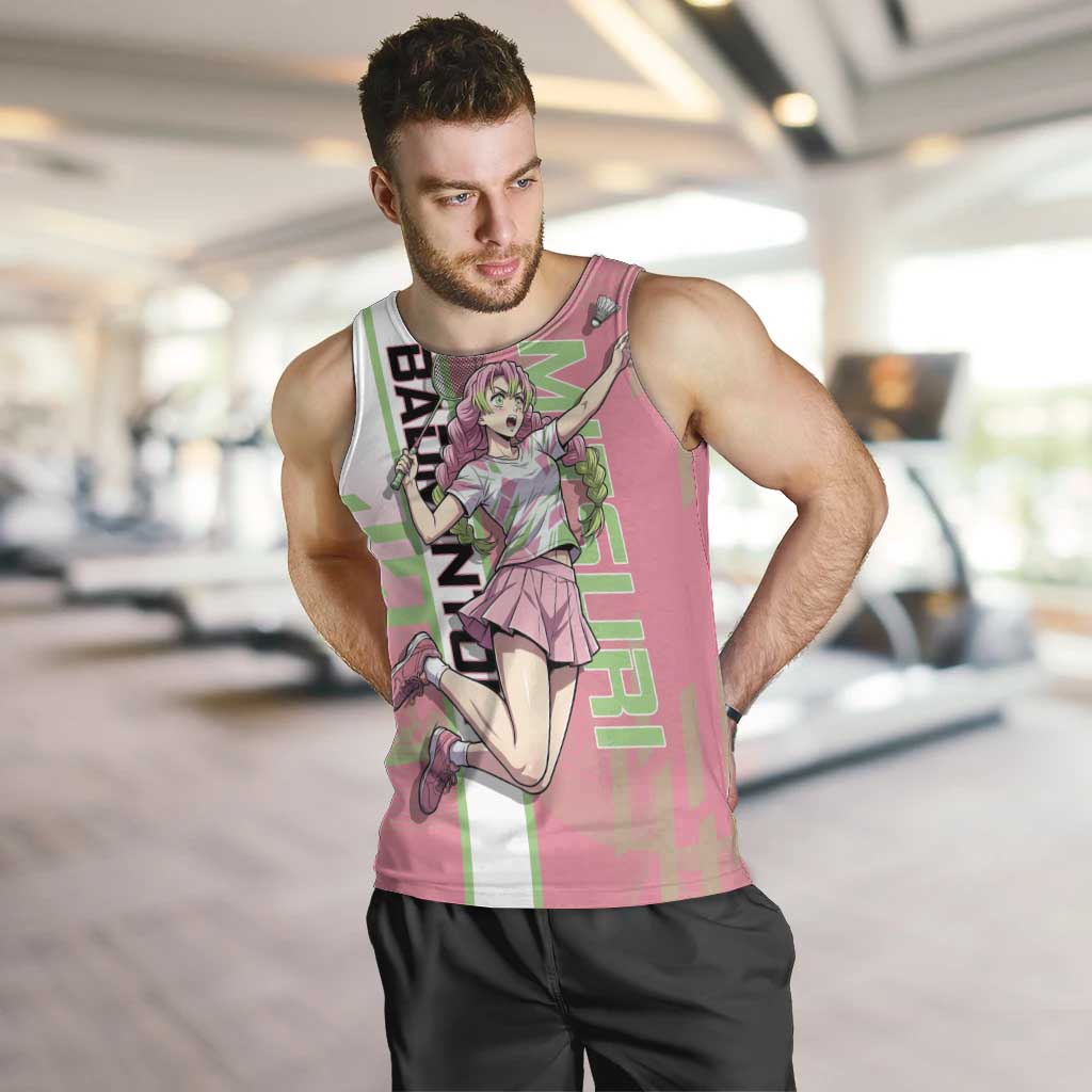 Personalized Mitsuri Kanroji Demon Slayer Badminton Men Tank Top with Racket Action Pose and Pink Green Graphic Design - The Mazicc