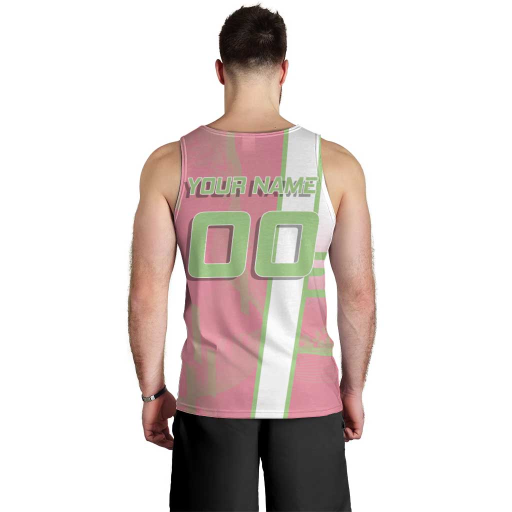 Personalized Mitsuri Kanroji Demon Slayer Badminton Men Tank Top with Racket Action Pose and Pink Green Graphic Design - The Mazicc