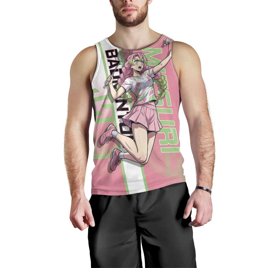 Personalized Mitsuri Kanroji Demon Slayer Badminton Men Tank Top with Racket Action Pose and Pink Green Graphic Design - The Mazicc