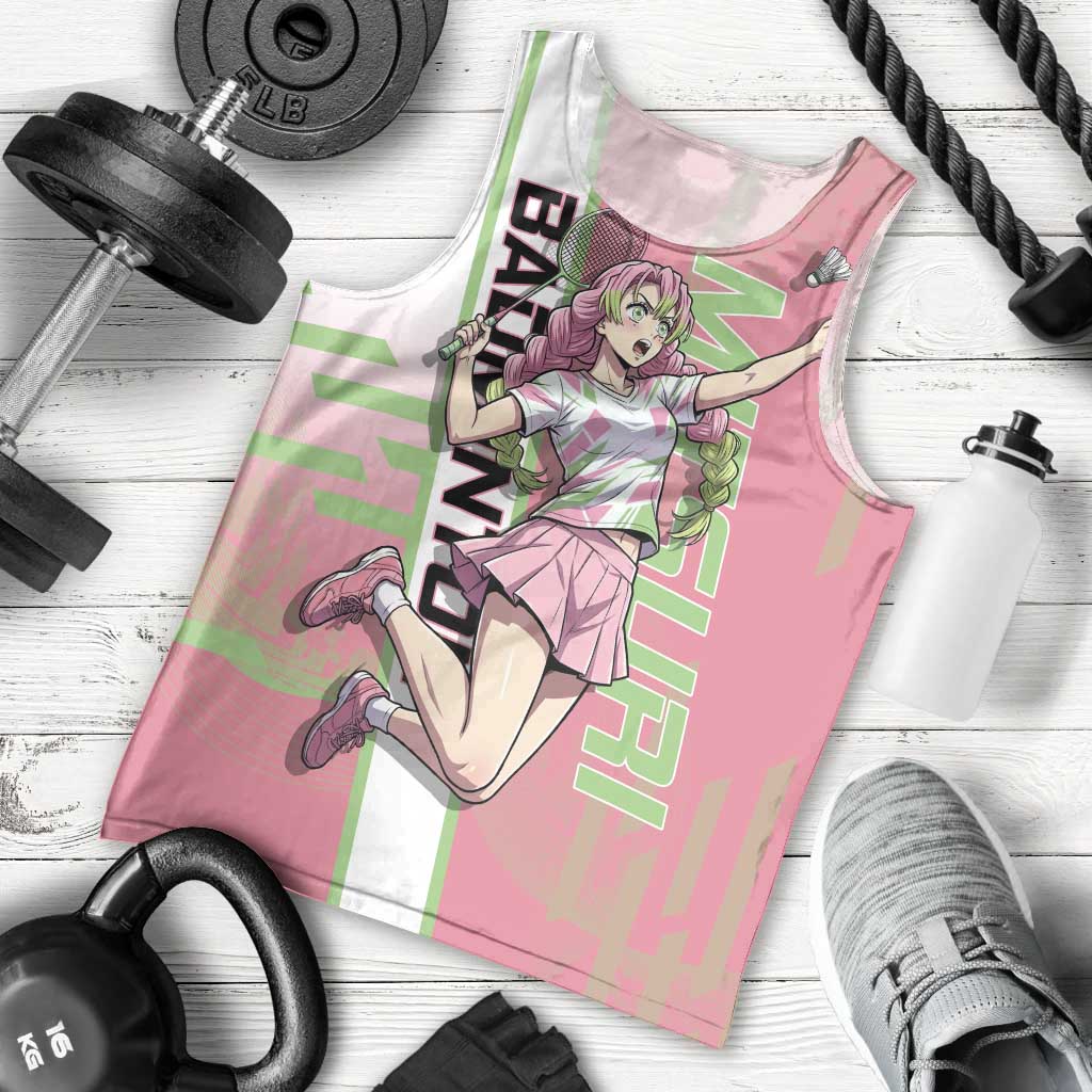 Personalized Mitsuri Kanroji Demon Slayer Badminton Men Tank Top with Racket Action Pose and Pink Green Graphic Design - The Mazicc