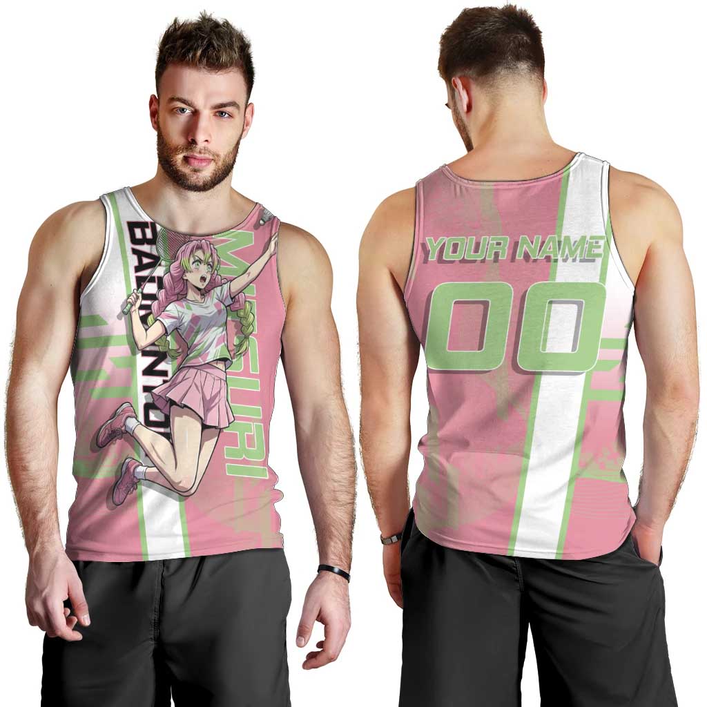 Personalized Mitsuri Kanroji Demon Slayer Badminton Men Tank Top with Racket Action Pose and Pink Green Graphic Design - The Mazicc