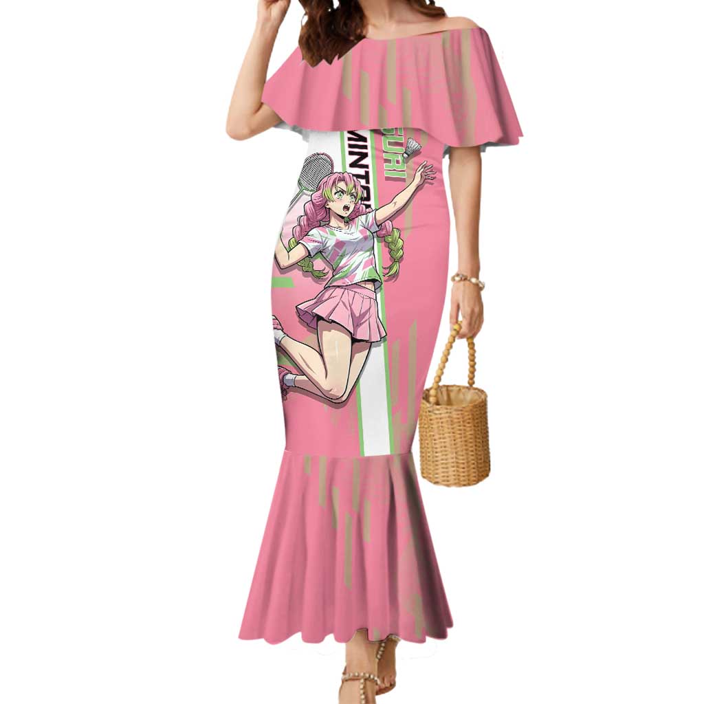 Personalized Mitsuri Kanroji Demon Slayer Badminton Mermaid Dress with Racket Action Pose and Pink Green Graphic Design - The Mazicc