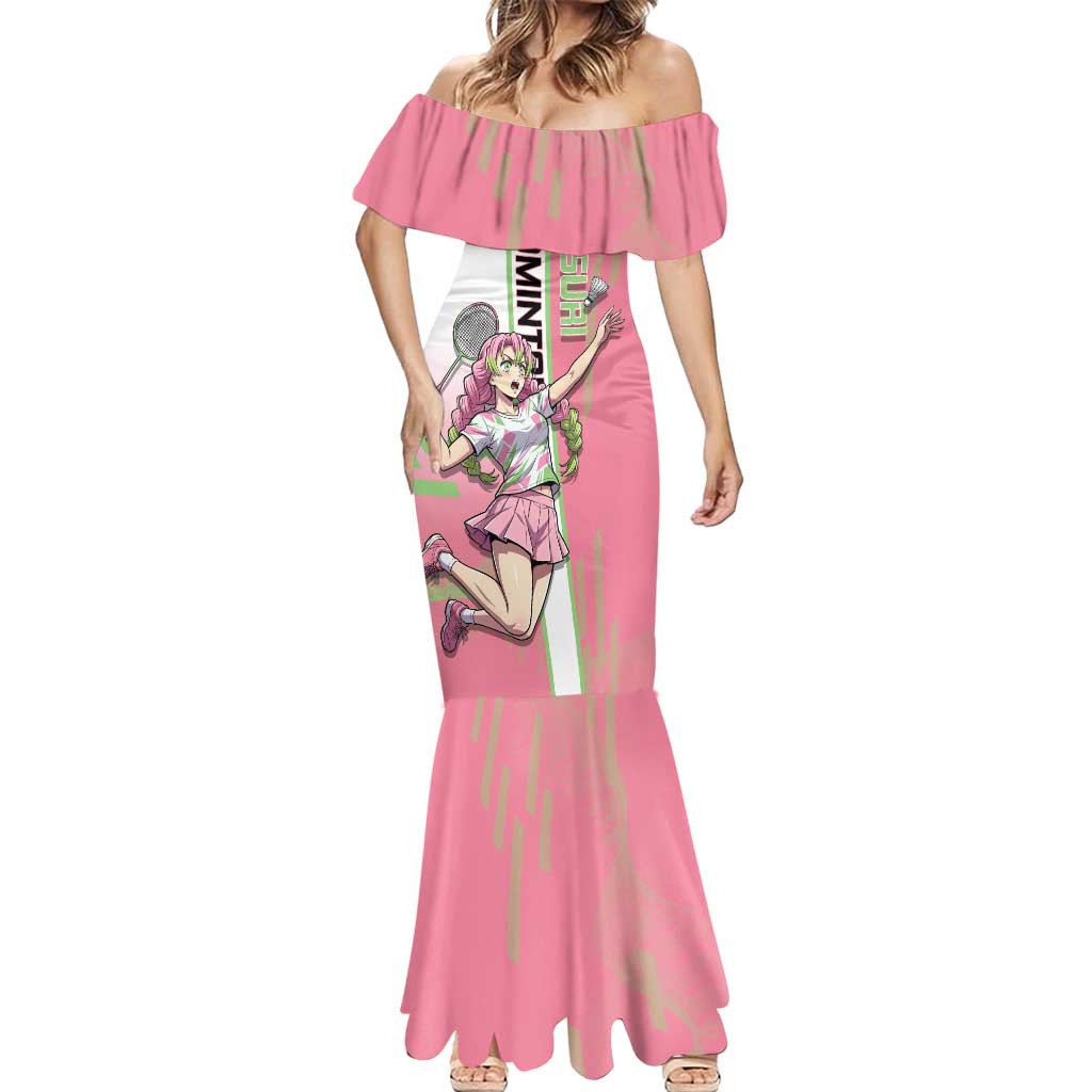Personalized Mitsuri Kanroji Demon Slayer Badminton Mermaid Dress with Racket Action Pose and Pink Green Graphic Design - The Mazicc