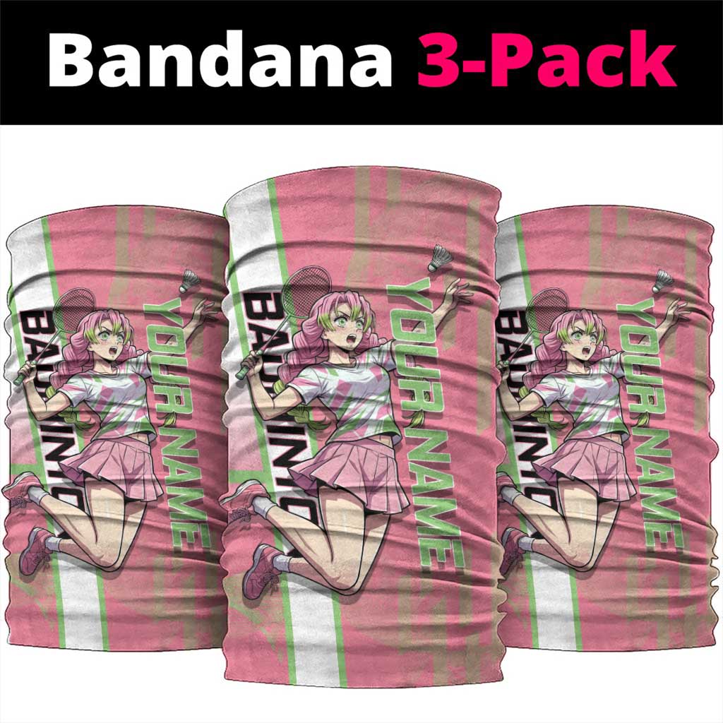 Personalized Mitsuri Kanroji Demon Slayer Badminton Neck Gaiter with Racket Action Pose and Pink Green Graphic Design - The Mazicc