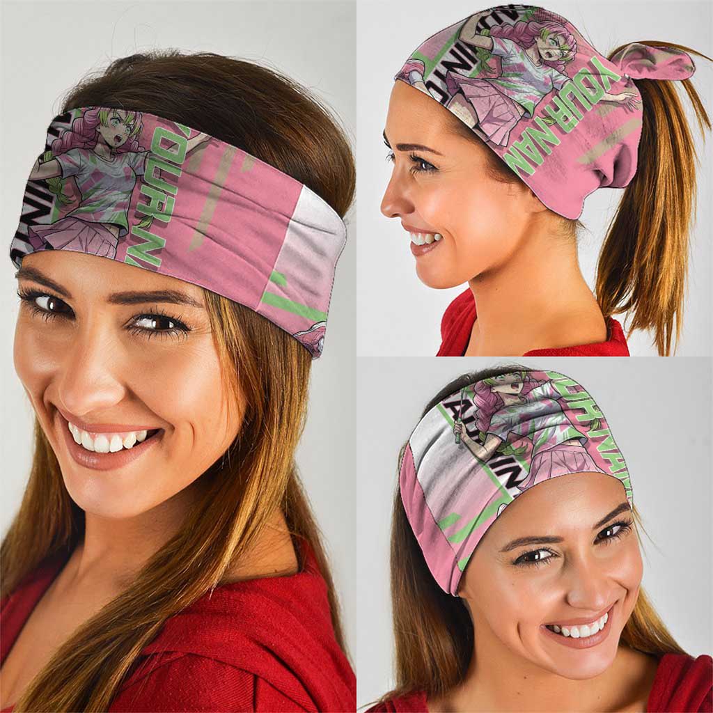 Personalized Mitsuri Kanroji Demon Slayer Badminton Neck Gaiter with Racket Action Pose and Pink Green Graphic Design - The Mazicc