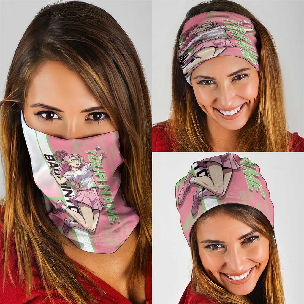 Personalized Mitsuri Kanroji Demon Slayer Badminton Neck Gaiter with Racket Action Pose and Pink Green Graphic Design - The Mazicc