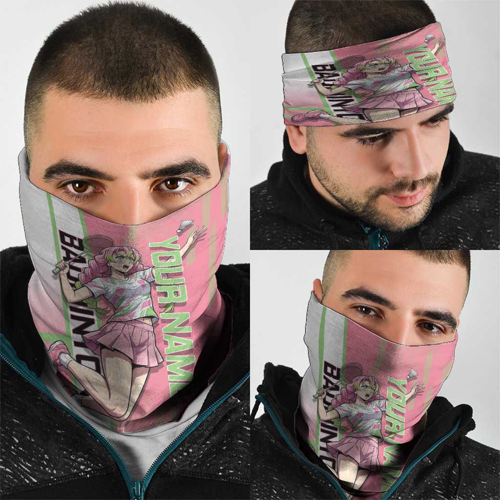 Personalized Mitsuri Kanroji Demon Slayer Badminton Neck Gaiter with Racket Action Pose and Pink Green Graphic Design - The Mazicc