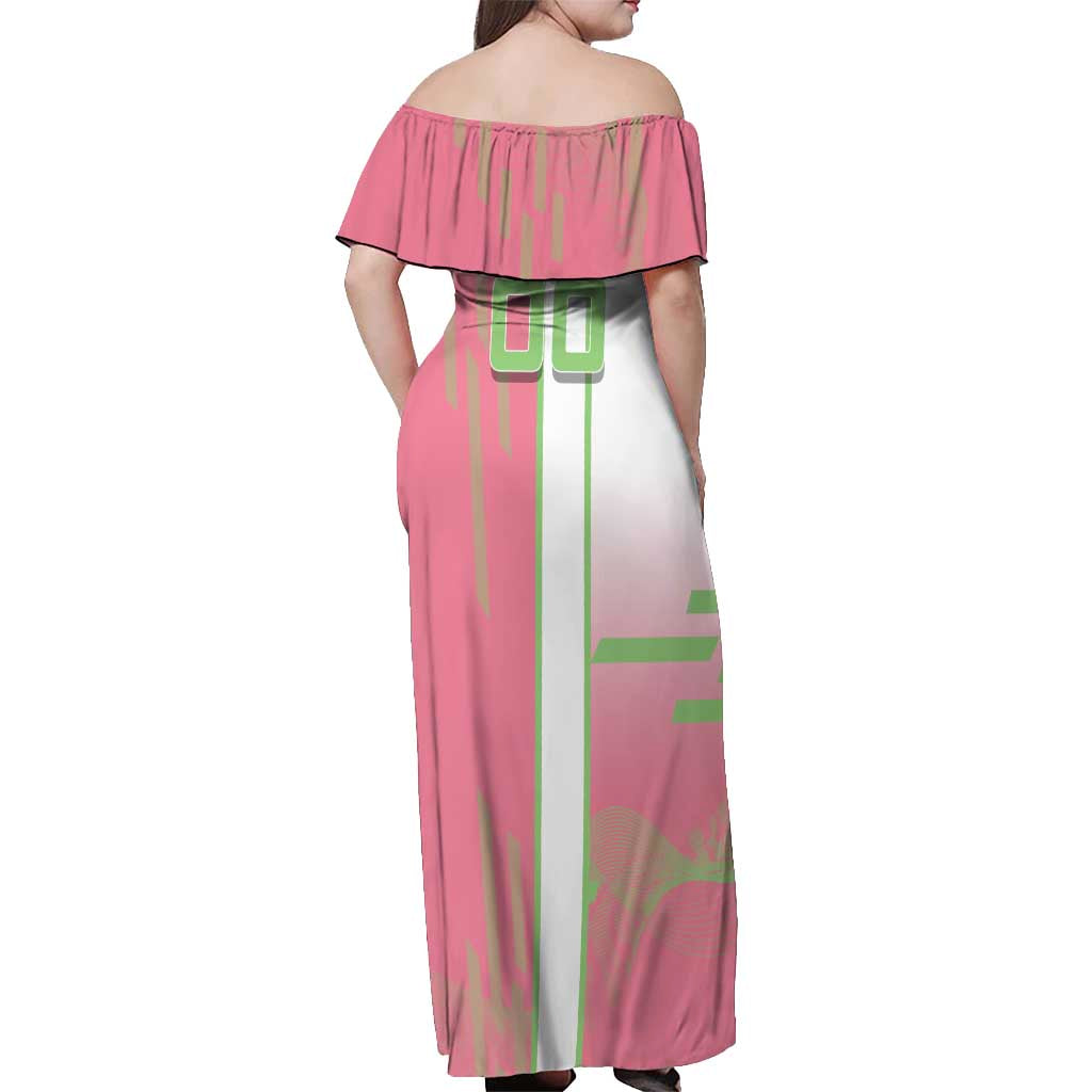 Personalized Mitsuri Kanroji Demon Slayer Badminton Off Shoulder Maxi Dress with Racket Action Pose and Pink Green Graphic Design - The Mazicc