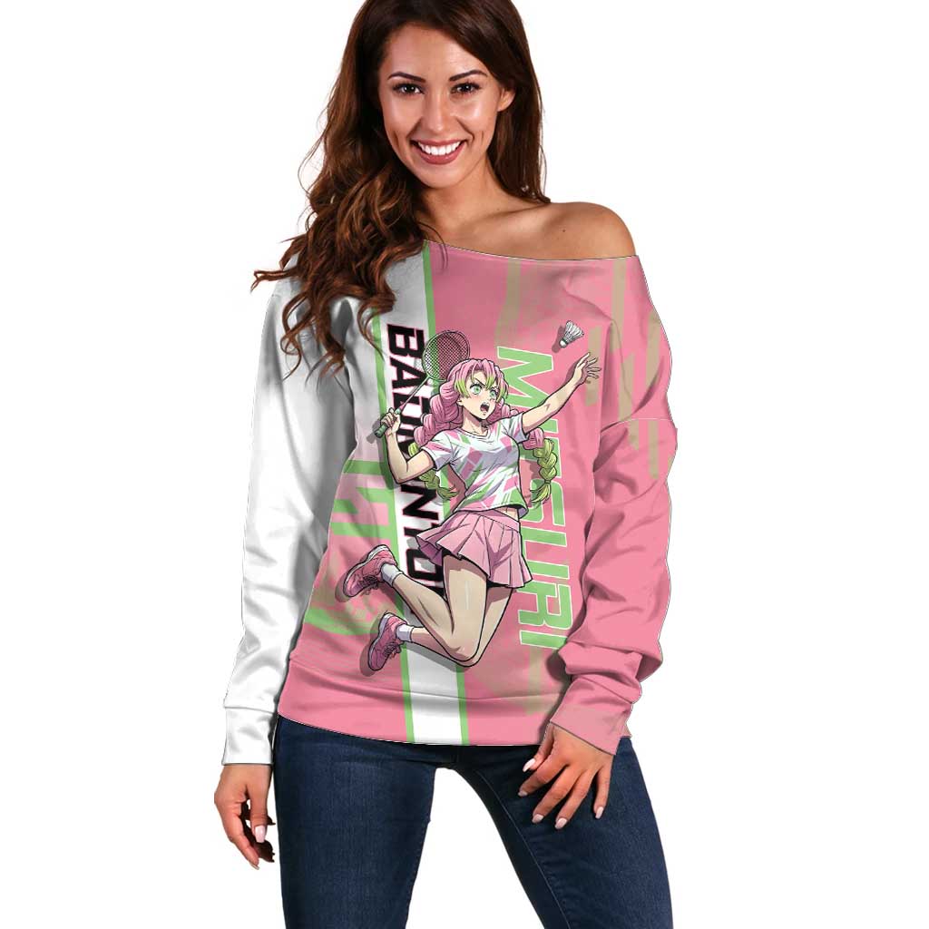 Personalized Mitsuri Kanroji Demon Slayer Badminton Off Shoulder Sweater with Racket Action Pose and Pink Green Graphic Design - The Mazicc