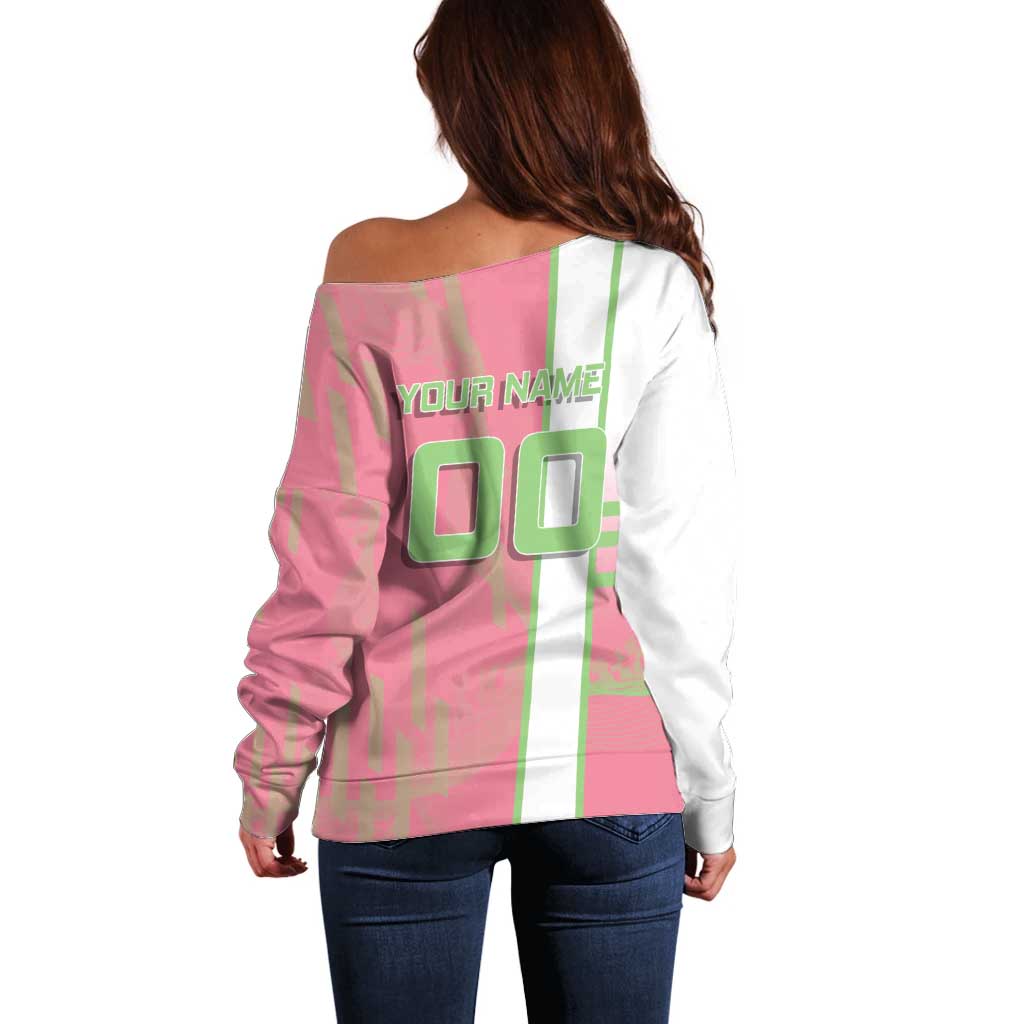 Personalized Mitsuri Kanroji Demon Slayer Badminton Off Shoulder Sweater with Racket Action Pose and Pink Green Graphic Design - The Mazicc