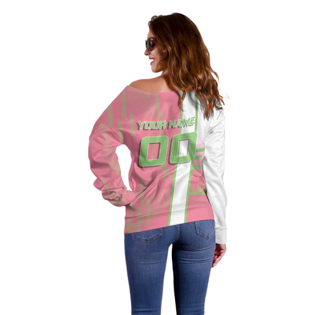 Personalized Mitsuri Kanroji Demon Slayer Badminton Off Shoulder Sweater with Racket Action Pose and Pink Green Graphic Design - The Mazicc