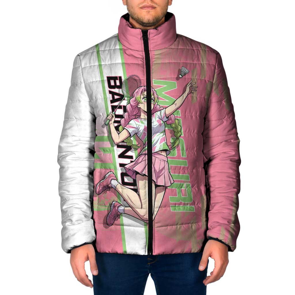 Personalized Mitsuri Kanroji Demon Slayer Badminton Padded Jacket with Racket Action Pose and Pink Green Graphic Design - The Mazicc