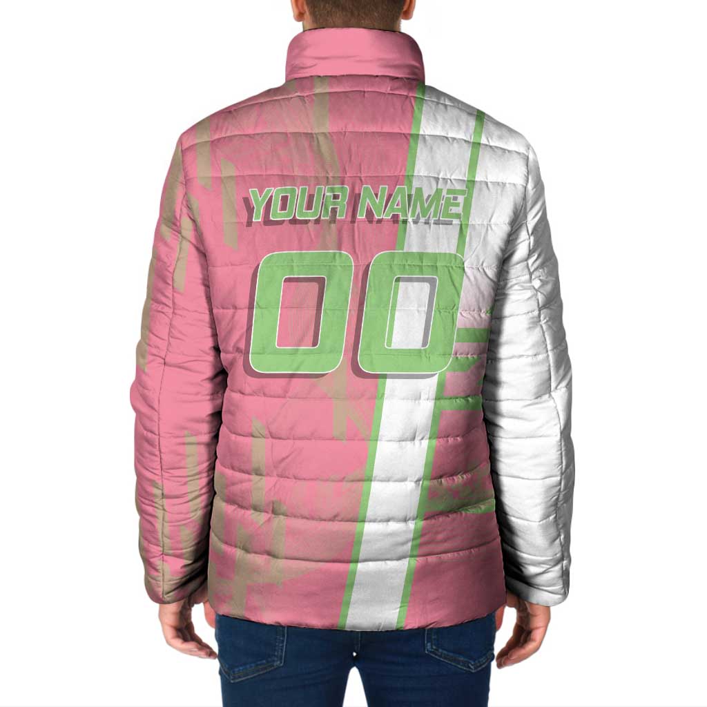 Personalized Mitsuri Kanroji Demon Slayer Badminton Padded Jacket with Racket Action Pose and Pink Green Graphic Design - The Mazicc