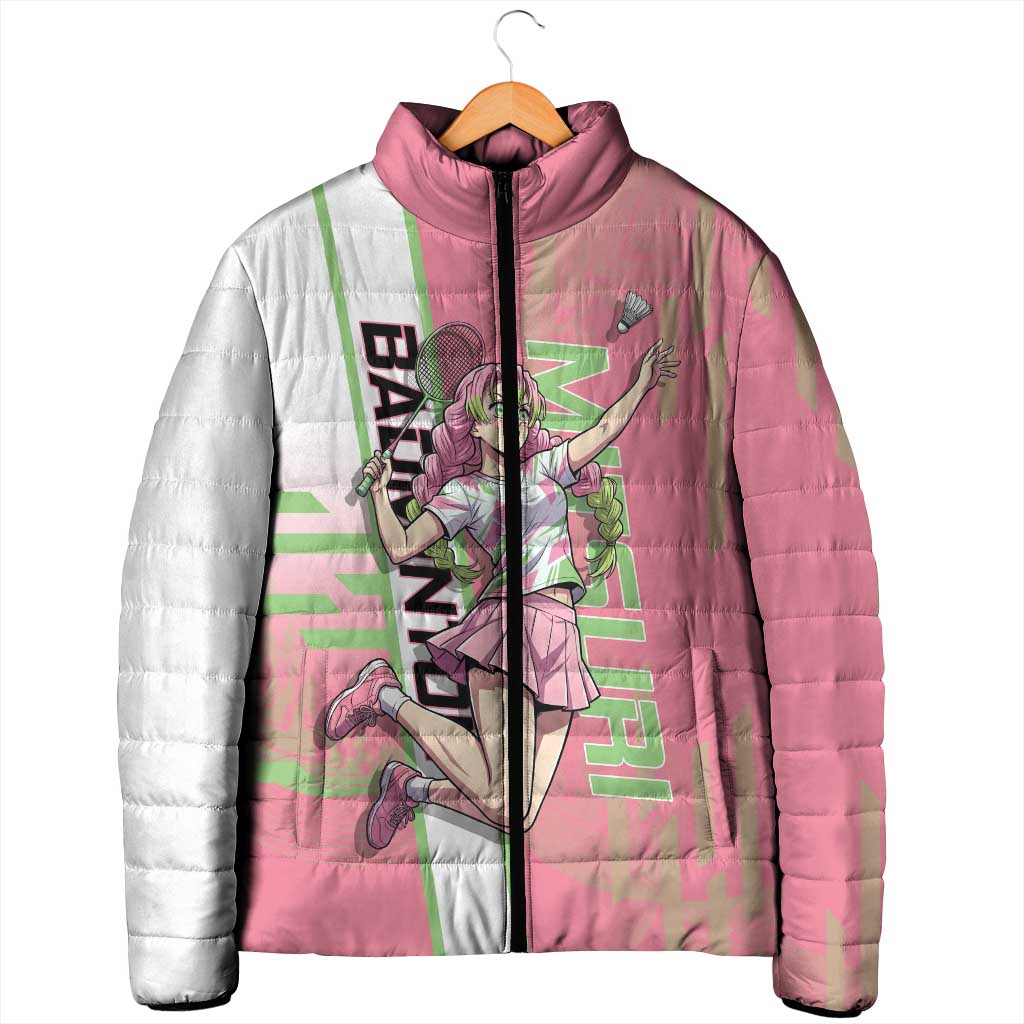Personalized Mitsuri Kanroji Demon Slayer Badminton Padded Jacket with Racket Action Pose and Pink Green Graphic Design - The Mazicc