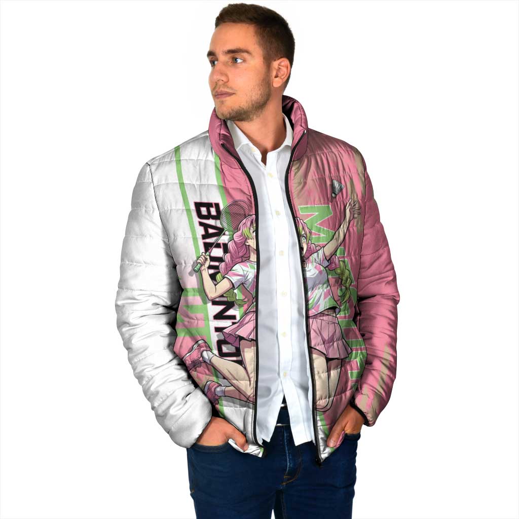 Personalized Mitsuri Kanroji Demon Slayer Badminton Padded Jacket with Racket Action Pose and Pink Green Graphic Design - The Mazicc