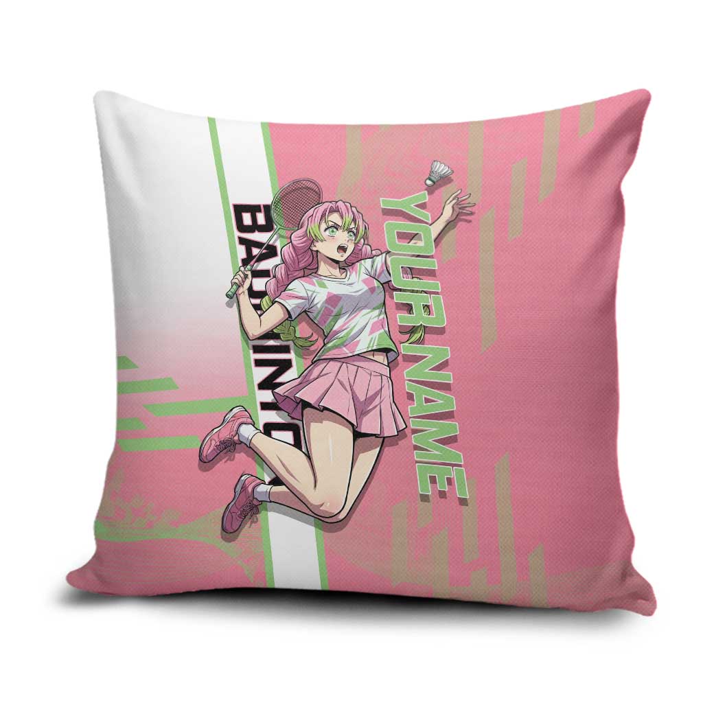 Personalized Mitsuri Kanroji Demon Slayer Badminton Pillow Cover with Racket Action Pose and Pink Green Graphic Design - The Mazicc