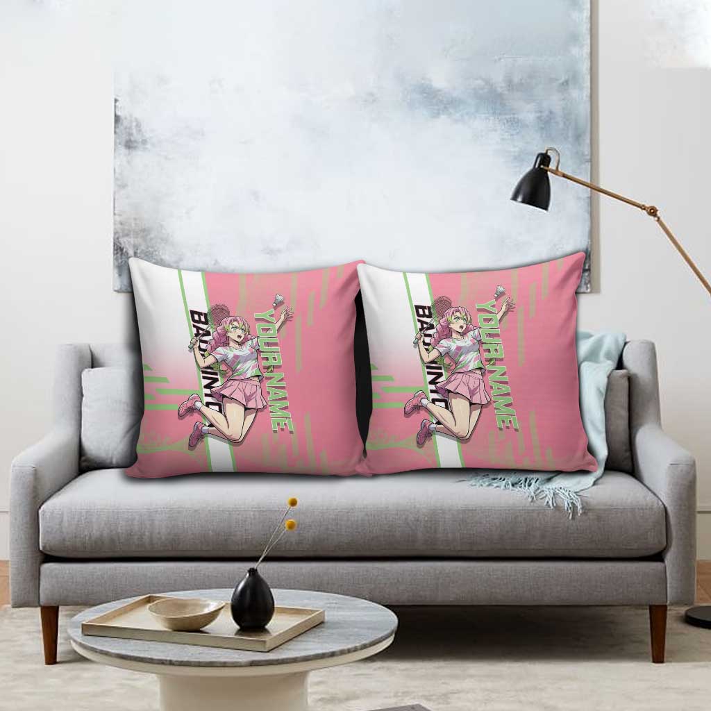 Personalized Mitsuri Kanroji Demon Slayer Badminton Pillow Cover with Racket Action Pose and Pink Green Graphic Design - The Mazicc
