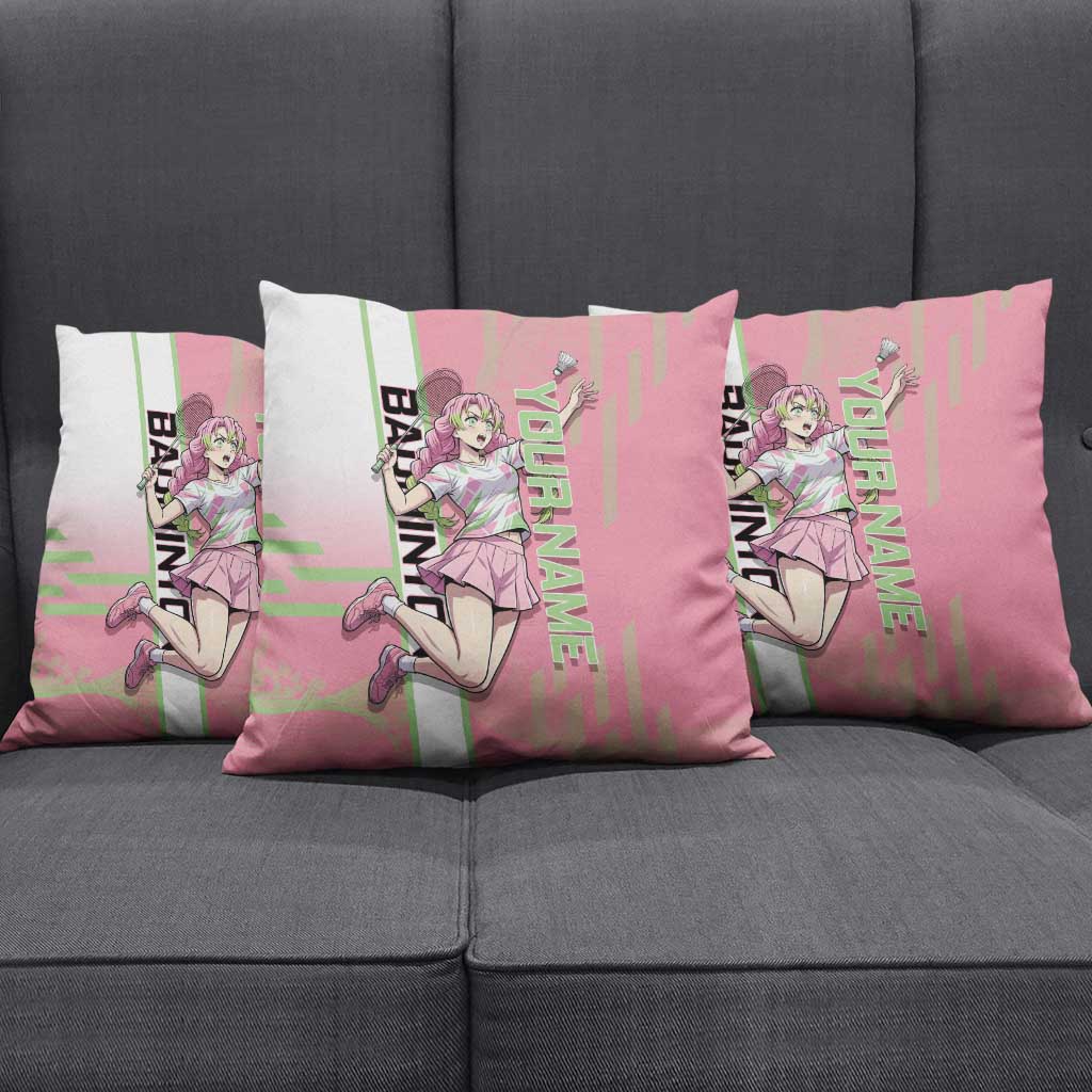 Personalized Mitsuri Kanroji Demon Slayer Badminton Pillow Cover with Racket Action Pose and Pink Green Graphic Design - The Mazicc