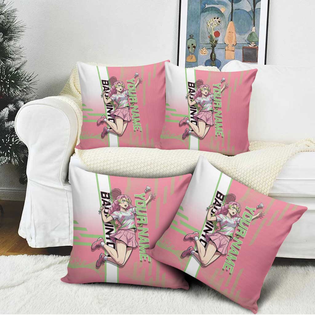 Personalized Mitsuri Kanroji Demon Slayer Badminton Pillow Cover with Racket Action Pose and Pink Green Graphic Design - The Mazicc