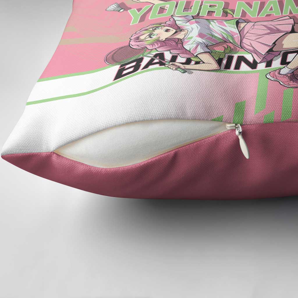 Personalized Mitsuri Kanroji Demon Slayer Badminton Pillow Cover with Racket Action Pose and Pink Green Graphic Design - The Mazicc