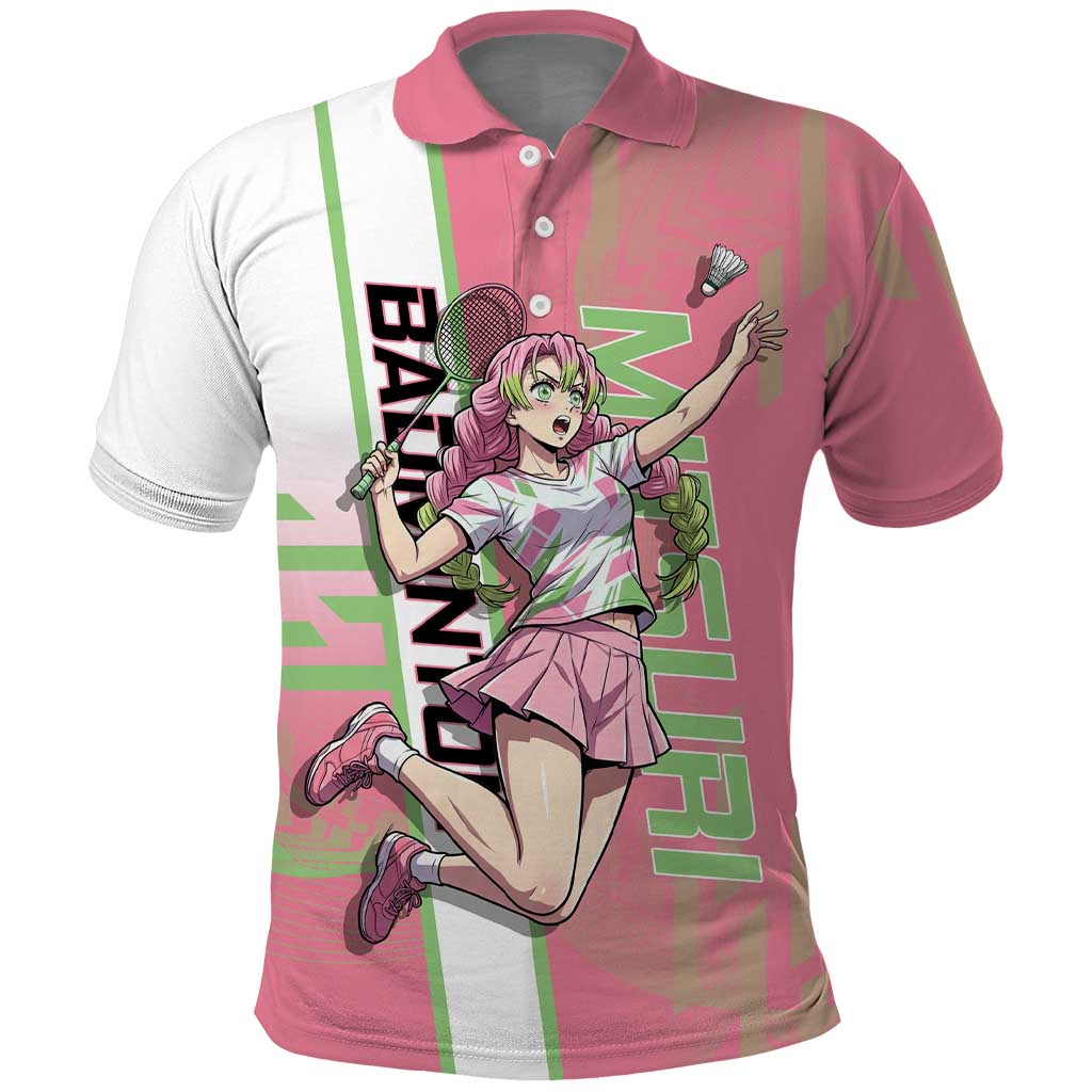 Personalized Mitsuri Kanroji Demon Slayer Badminton Polo Shirt with Racket Action Pose and Pink Green Graphic Design - The Mazicc