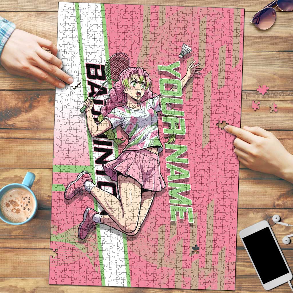 Personalized Mitsuri Kanroji Demon Slayer Badminton Puzzle with Racket Action Pose and Pink Green Graphic Design - The Mazicc