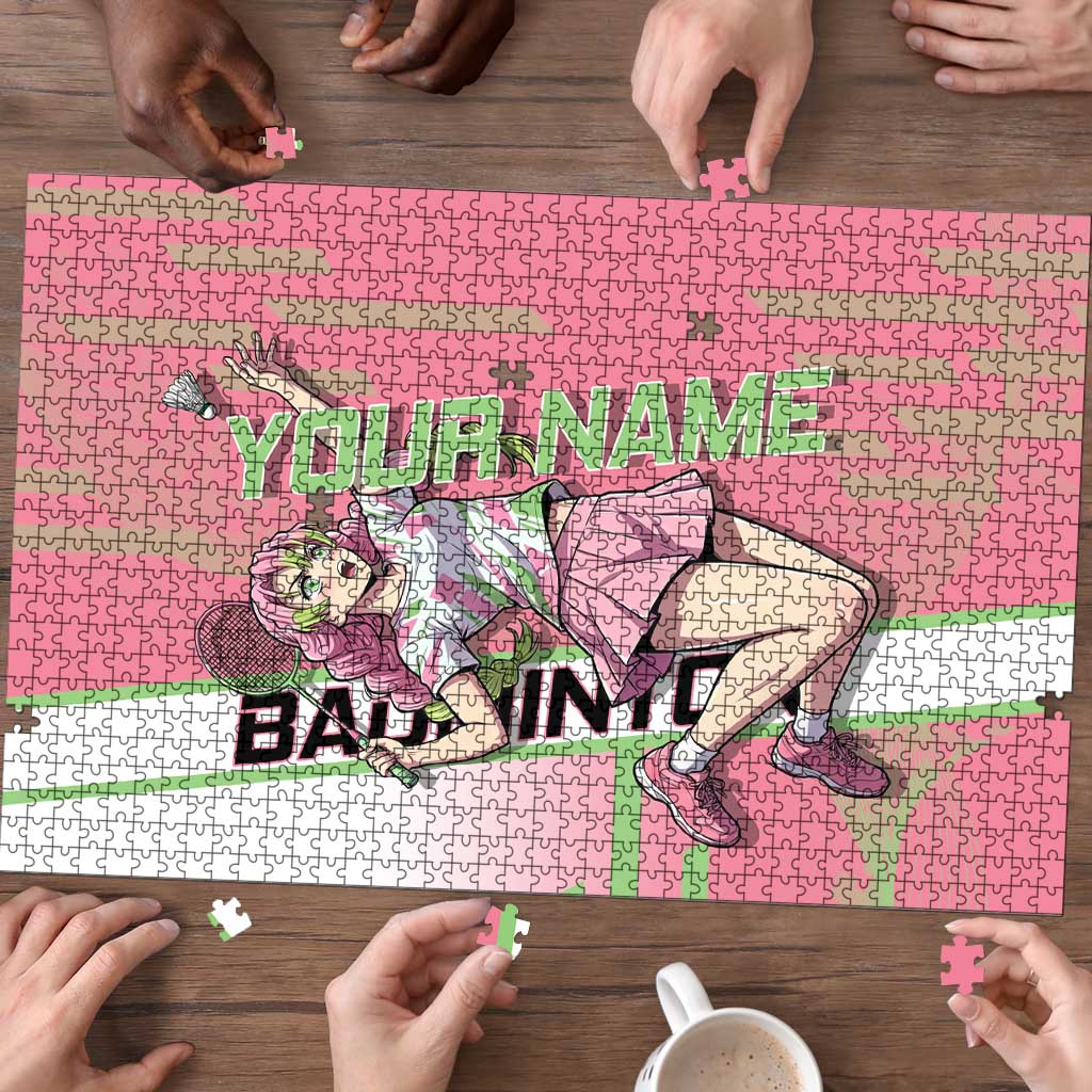 Personalized Mitsuri Kanroji Demon Slayer Badminton Puzzle with Racket Action Pose and Pink Green Graphic Design - The Mazicc