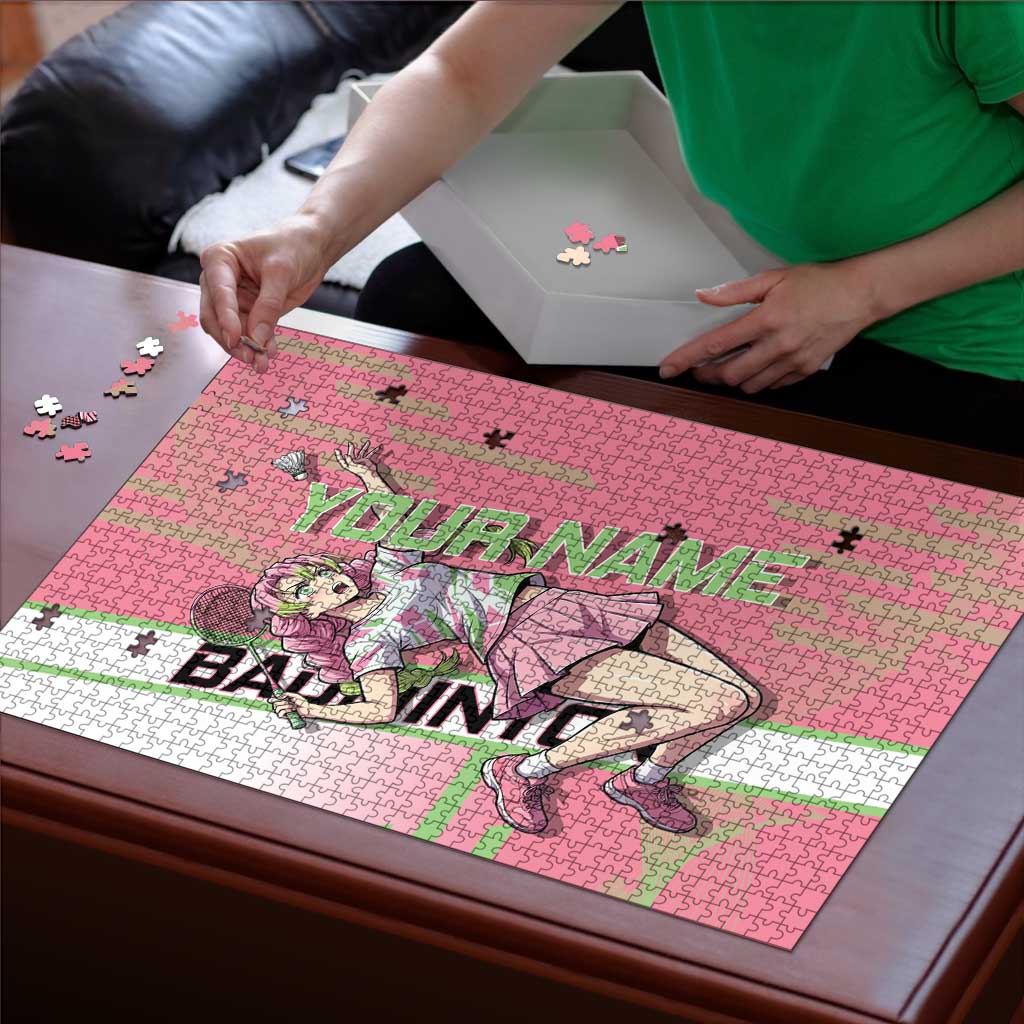 Personalized Mitsuri Kanroji Demon Slayer Badminton Puzzle with Racket Action Pose and Pink Green Graphic Design - The Mazicc