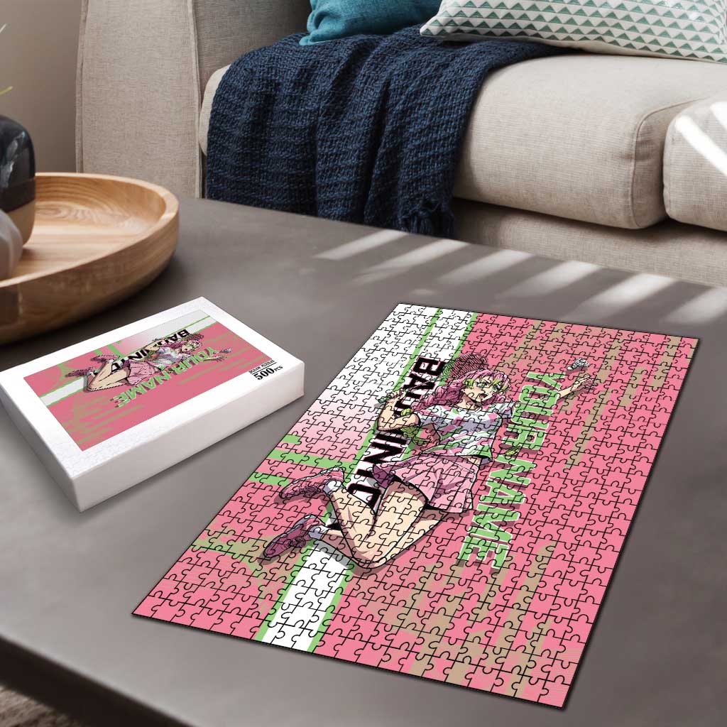Personalized Mitsuri Kanroji Demon Slayer Badminton Puzzle with Racket Action Pose and Pink Green Graphic Design - The Mazicc