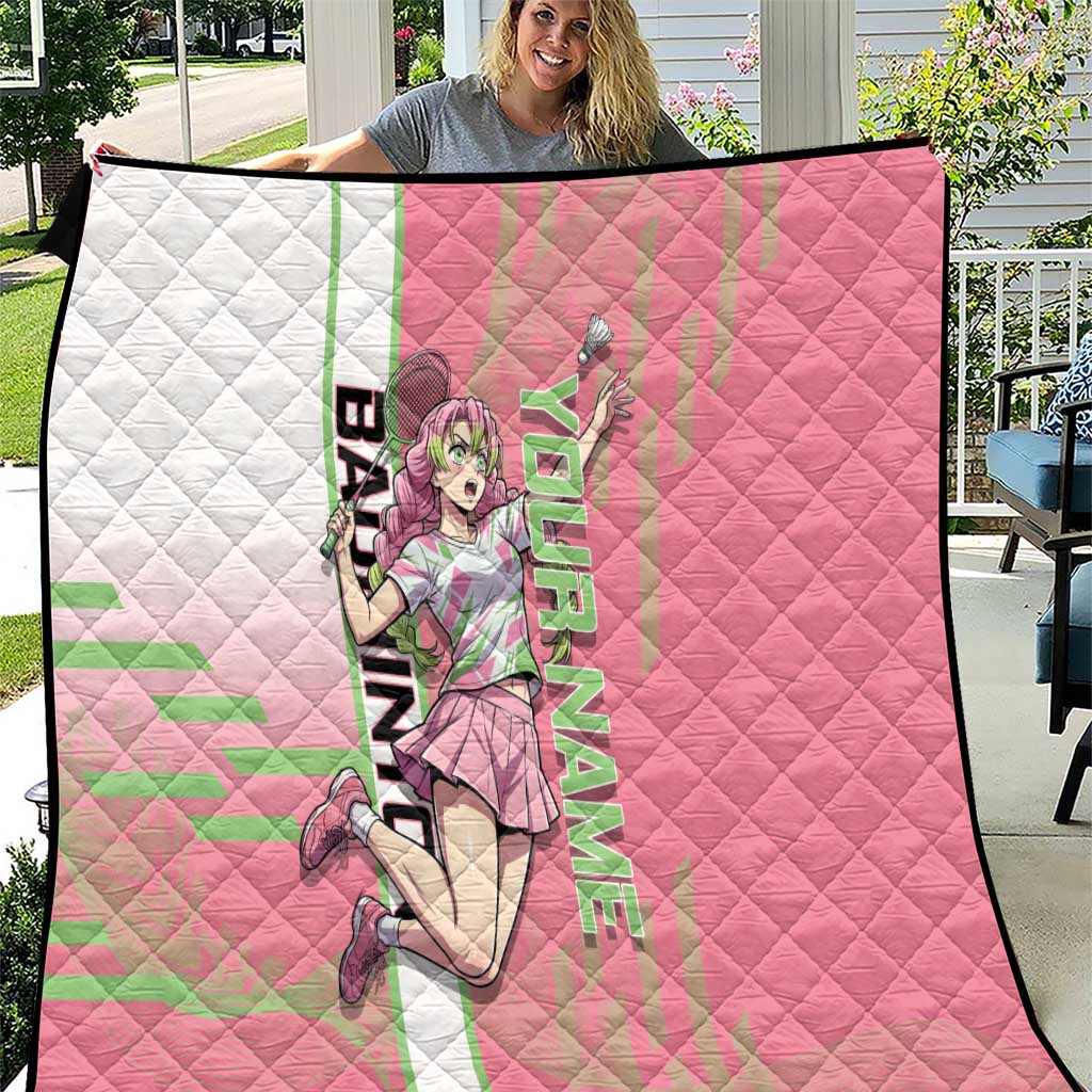 Personalized Mitsuri Kanroji Demon Slayer Badminton Quilt with Racket Action Pose and Pink Green Graphic Design - The Mazicc