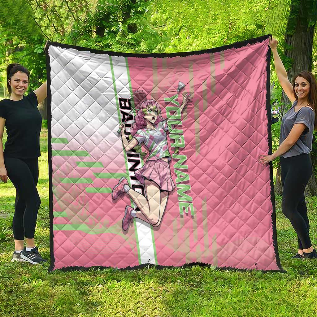 Personalized Mitsuri Kanroji Demon Slayer Badminton Quilt with Racket Action Pose and Pink Green Graphic Design - The Mazicc
