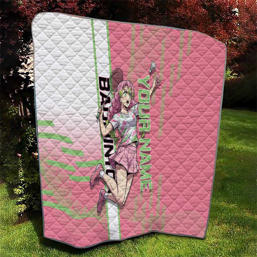 Personalized Mitsuri Kanroji Demon Slayer Badminton Quilt with Racket Action Pose and Pink Green Graphic Design - The Mazicc