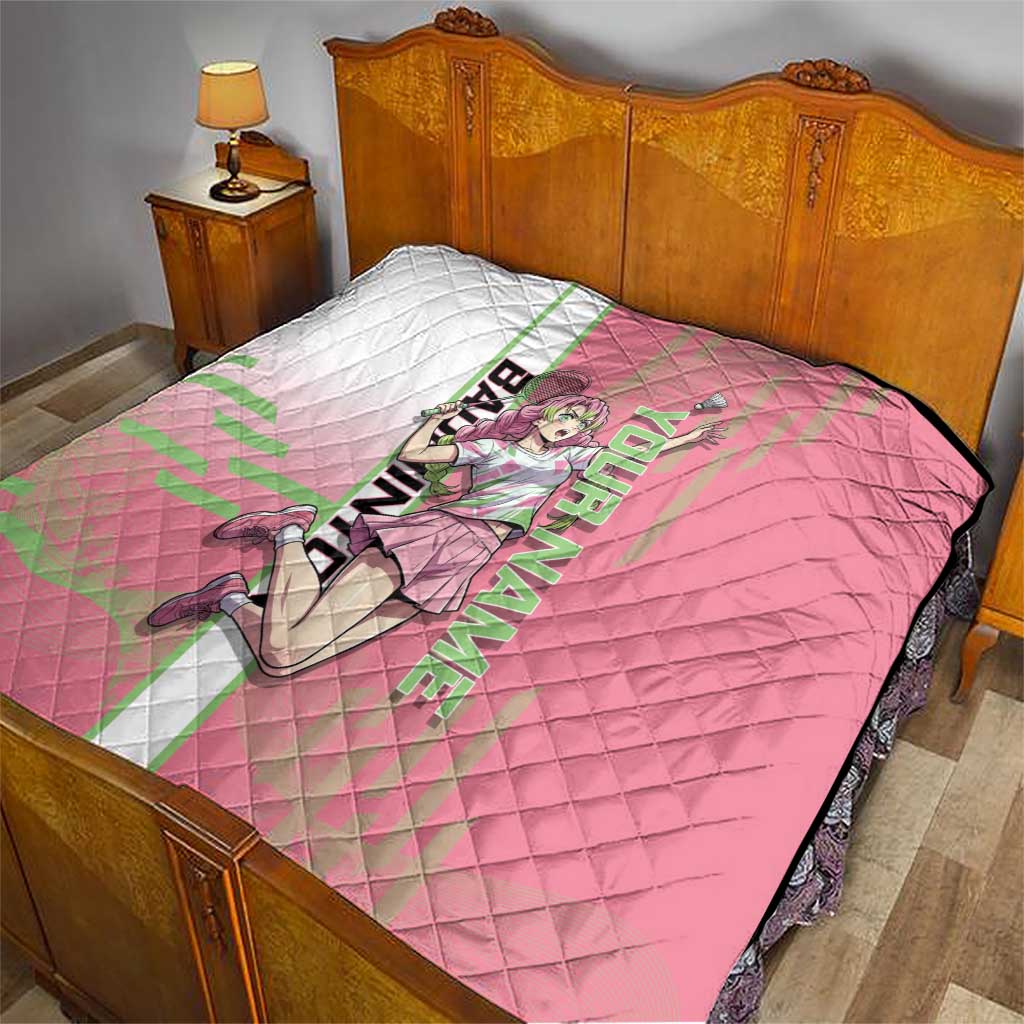 Personalized Mitsuri Kanroji Demon Slayer Badminton Quilt with Racket Action Pose and Pink Green Graphic Design - The Mazicc