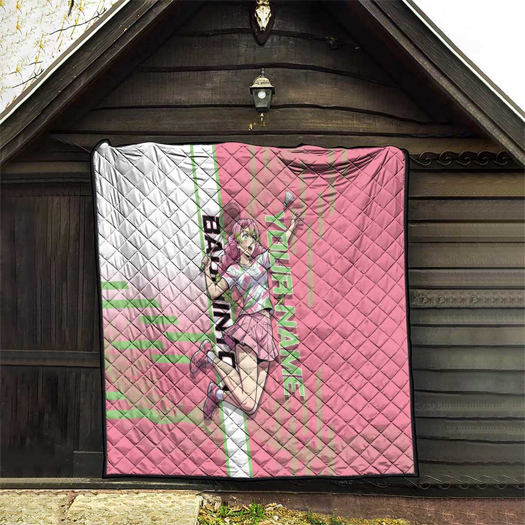 Personalized Mitsuri Kanroji Demon Slayer Badminton Quilt with Racket Action Pose and Pink Green Graphic Design - The Mazicc
