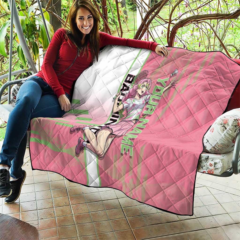 Personalized Mitsuri Kanroji Demon Slayer Badminton Quilt with Racket Action Pose and Pink Green Graphic Design - The Mazicc