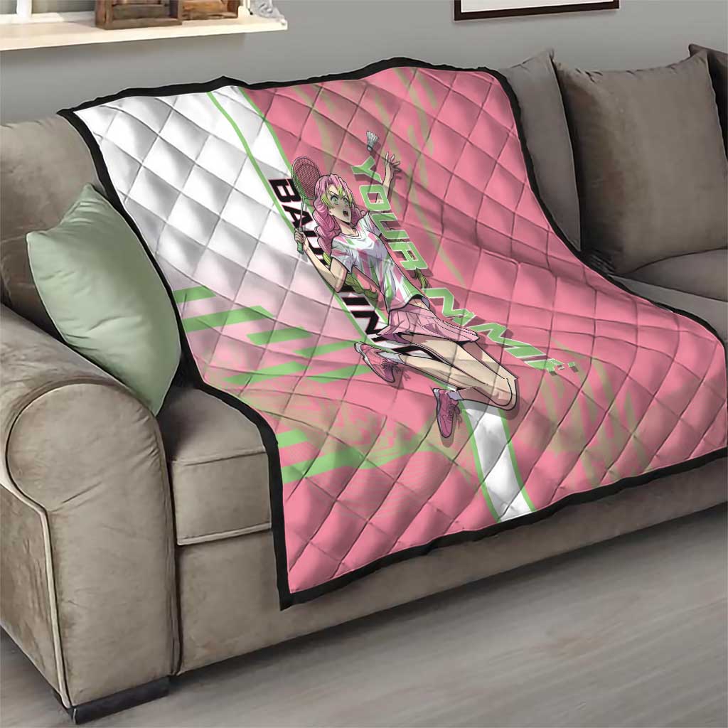Personalized Mitsuri Kanroji Demon Slayer Badminton Quilt with Racket Action Pose and Pink Green Graphic Design - The Mazicc