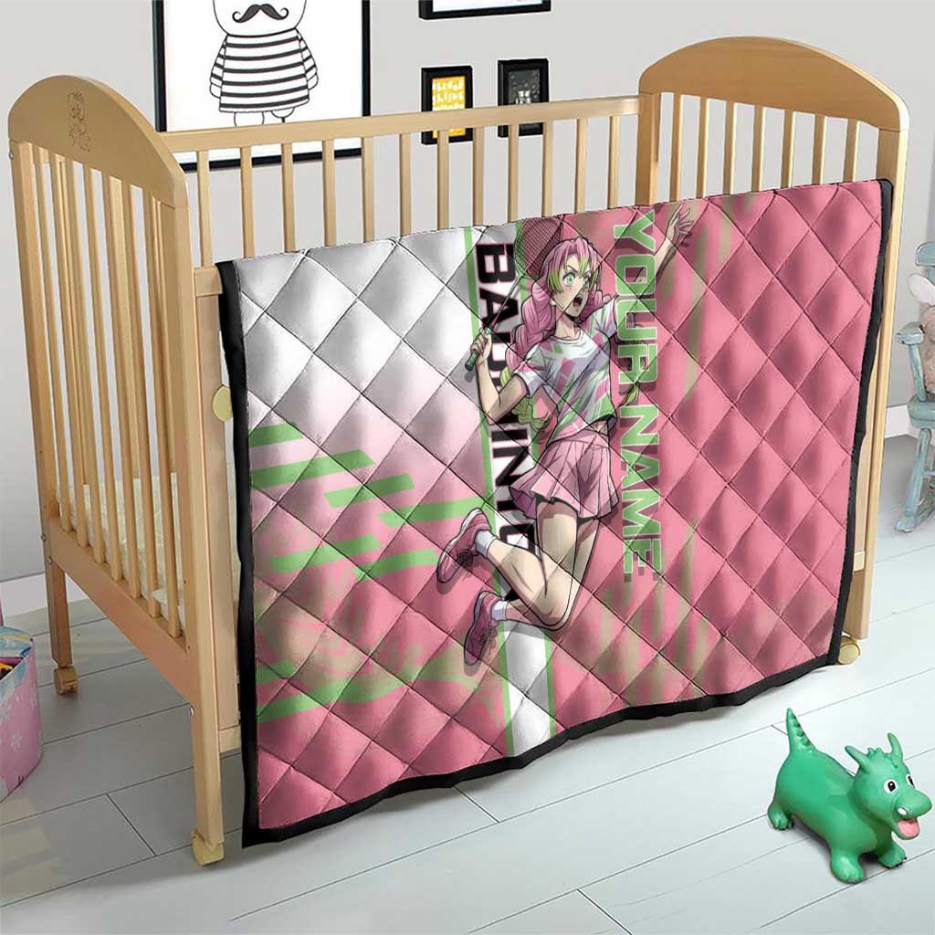 Personalized Mitsuri Kanroji Demon Slayer Badminton Quilt with Racket Action Pose and Pink Green Graphic Design - The Mazicc