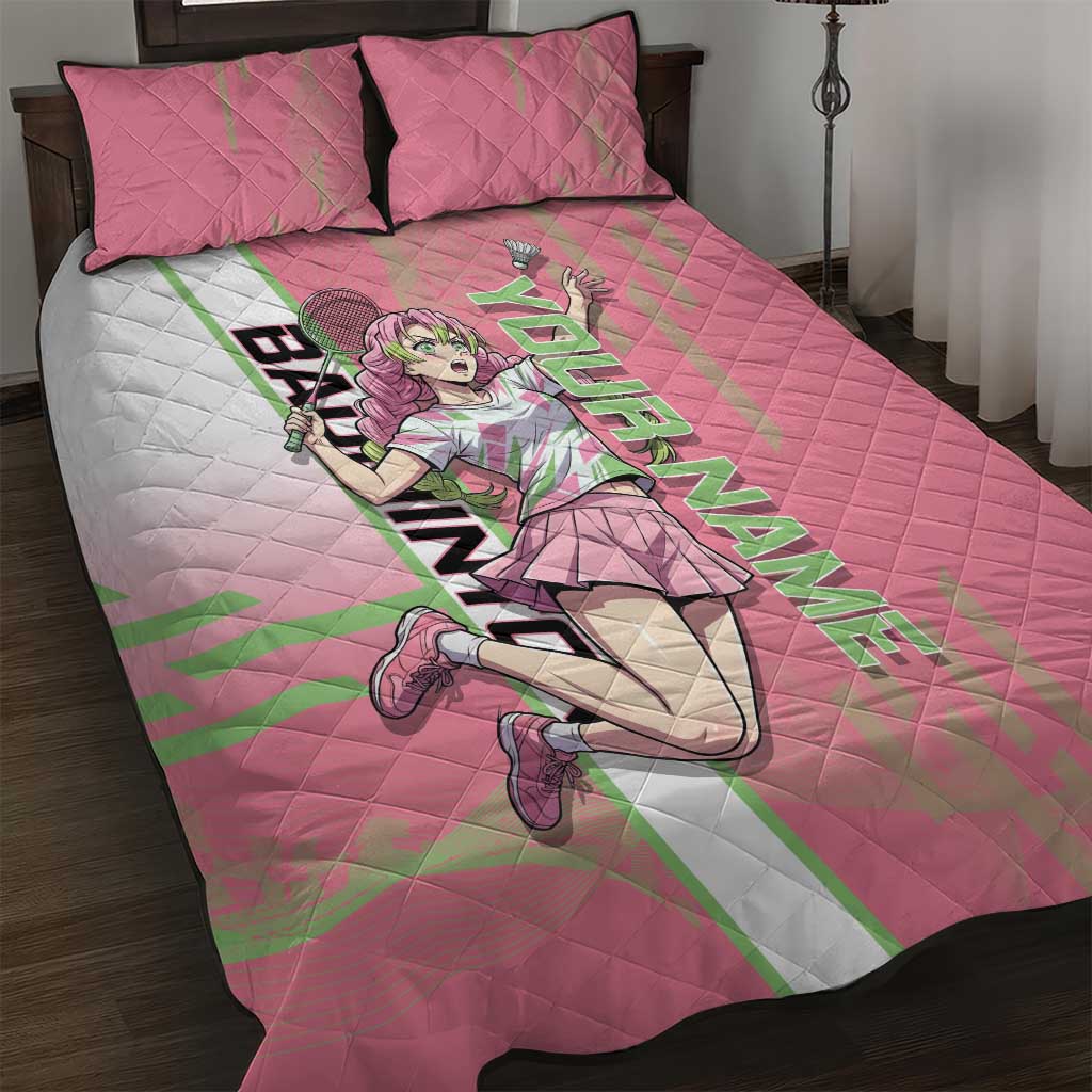 Personalized Mitsuri Kanroji Demon Slayer Badminton Quilt Bed Set with Racket Action Pose and Pink Green Graphic Design - The Mazicc