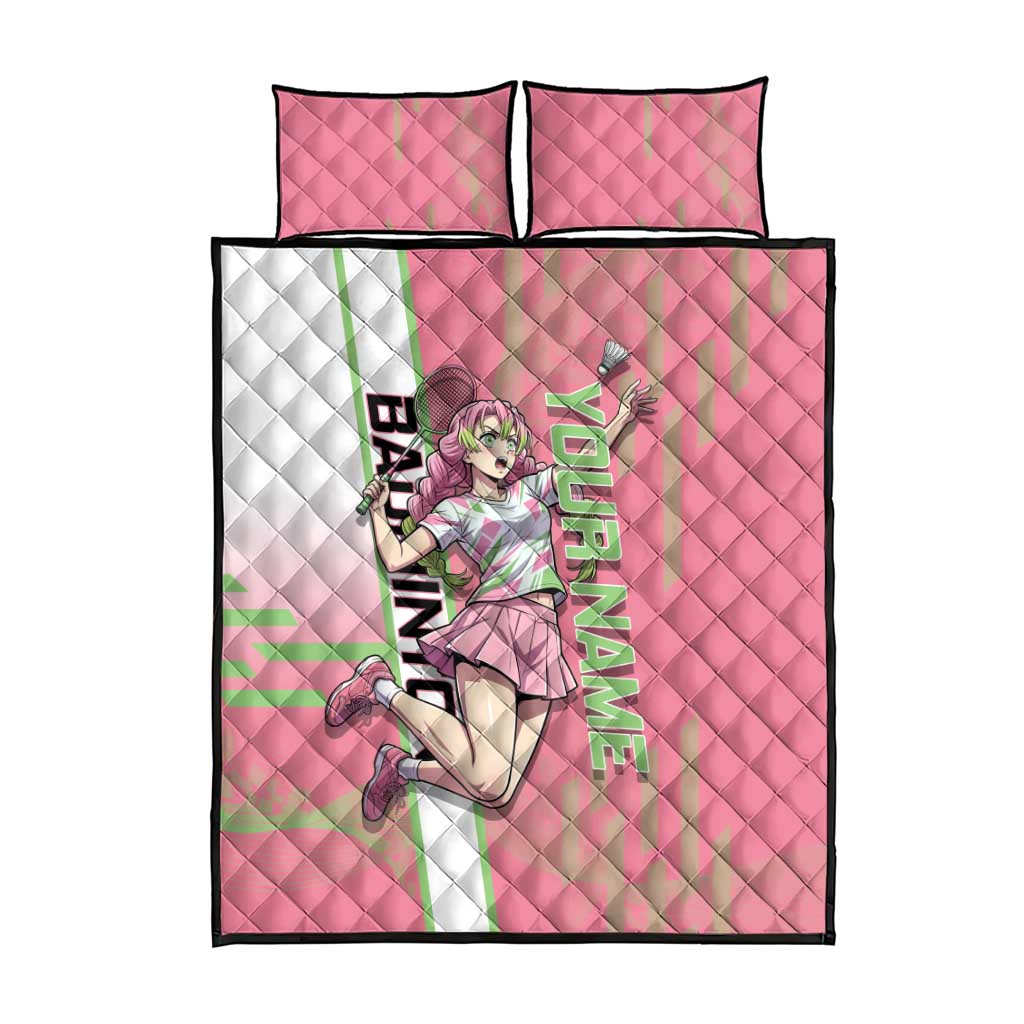 Personalized Mitsuri Kanroji Demon Slayer Badminton Quilt Bed Set with Racket Action Pose and Pink Green Graphic Design - The Mazicc