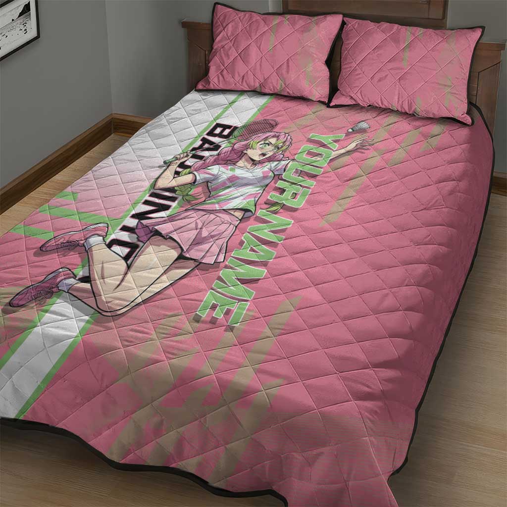 Personalized Mitsuri Kanroji Demon Slayer Badminton Quilt Bed Set with Racket Action Pose and Pink Green Graphic Design - The Mazicc