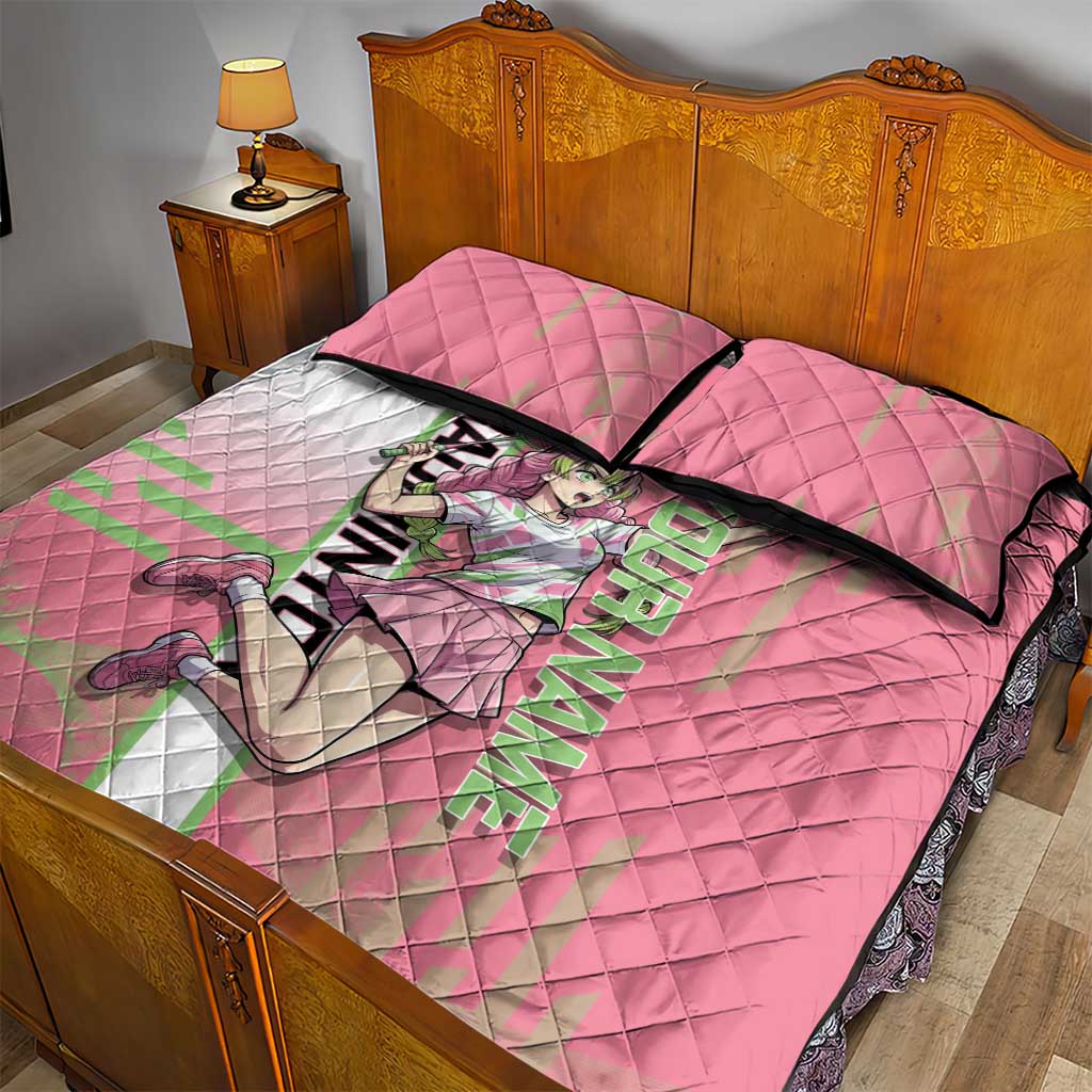 Personalized Mitsuri Kanroji Demon Slayer Badminton Quilt Bed Set with Racket Action Pose and Pink Green Graphic Design - The Mazicc