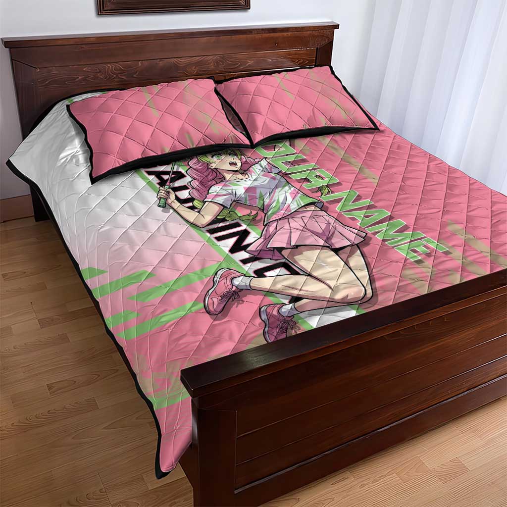 Personalized Mitsuri Kanroji Demon Slayer Badminton Quilt Bed Set with Racket Action Pose and Pink Green Graphic Design - The Mazicc